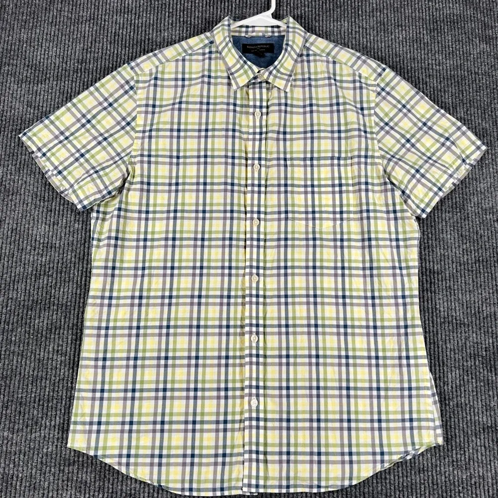 Banana‎ Republic Shirt Mens Large White Plaid Short Sleeve Slim Fit Button Up